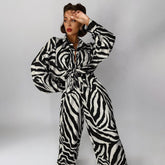 Stripes Pants Set Long Sleeve Blouse Matching Wide Trousers Suit
